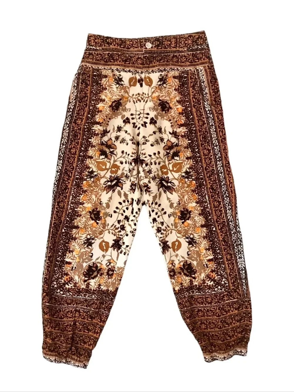 Anthropologie ✨️ Women's Cream and Brown Boho Floral Joggers Pants Size 2 - Picture 5 of 11